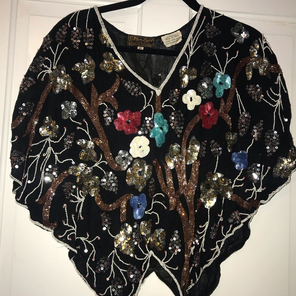 VINTAGE Starlight Butterfly Beaded 70s Silk Top M